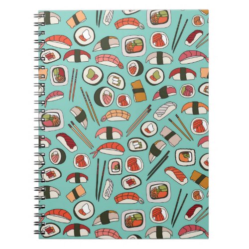 Repeat pattern with delicious hand drawn sushi and notebook