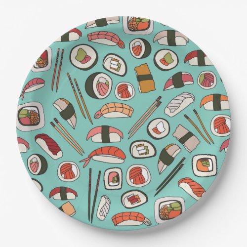 Repeat pattern with delicious hand drawn sushi and paper plates