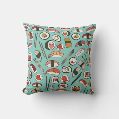 Repeat pattern with delicious hand drawn sushi and throw pillow