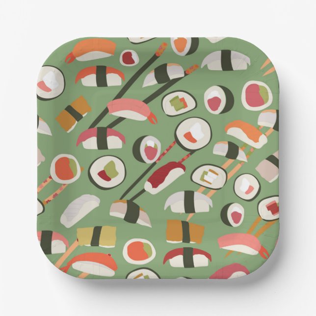 Repeat pattern with delicious hand drawn sushi paper plates (Front)