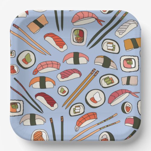 Repeat pattern with delicious hand drawn sushi paper plates