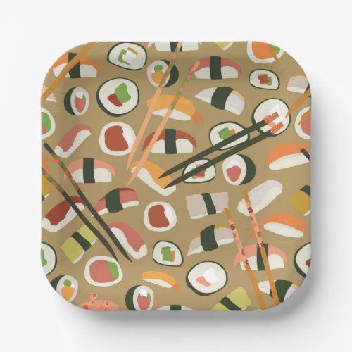 Repeat pattern with delicious hand drawn sushi paper plates