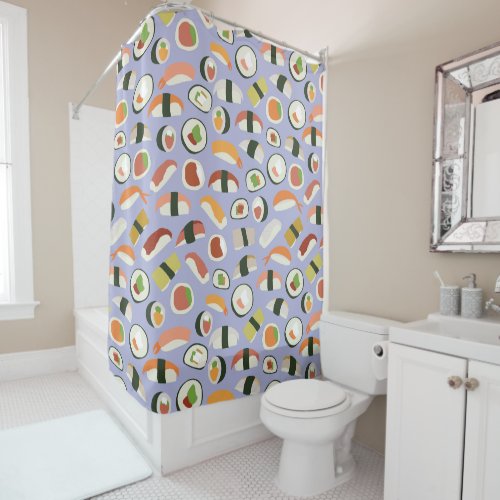 Repeat pattern with delicious hand drawn sushi shower curtain