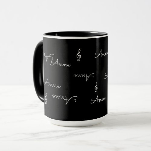 repeated names  music treble clefs black mug