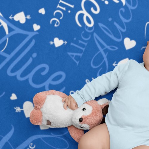 Repeating Alice Name custom  Hearts Cobalt Blue Baby Blanket
