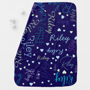 Repeating Baby-Girl Name with Small Hearts Blue Baby Blanket