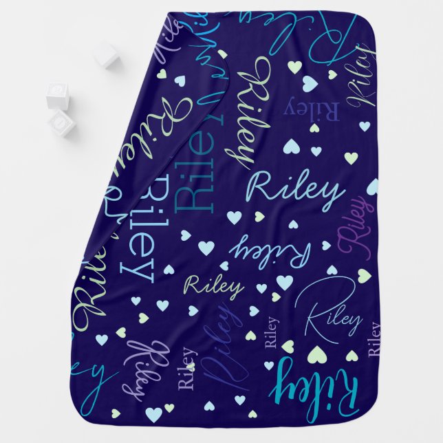 Repeating Baby-Girl Name with Small Hearts Blue Baby Blanket (In Situ)