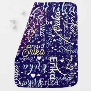 Repeating Baby Names + Hearts Blue & Purple Blanket