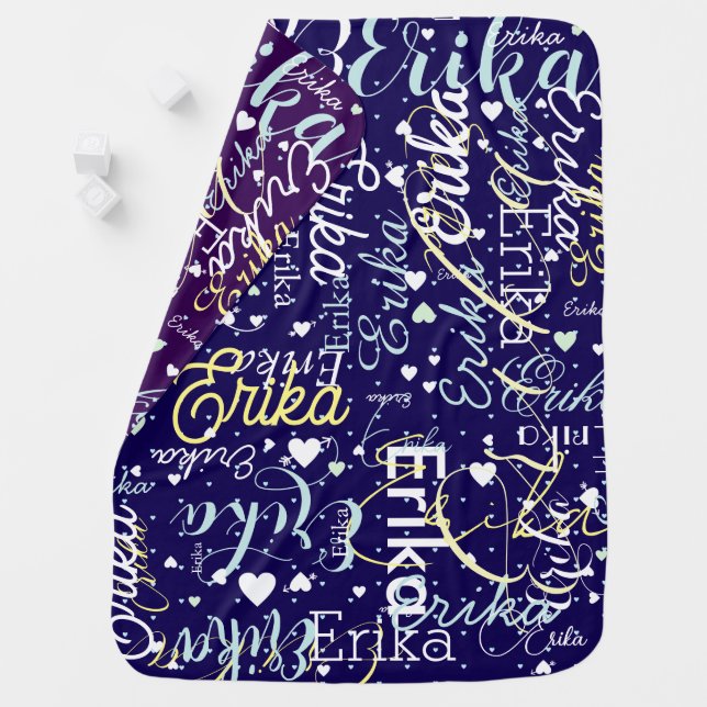 Repeating Baby Names + Hearts Blue & Purple Blanket (In Situ)