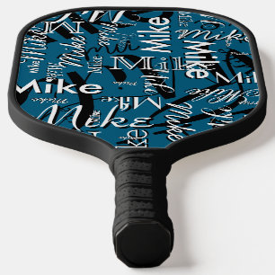 Repeating Black&White Name All Over Blue Pickleball Paddle
