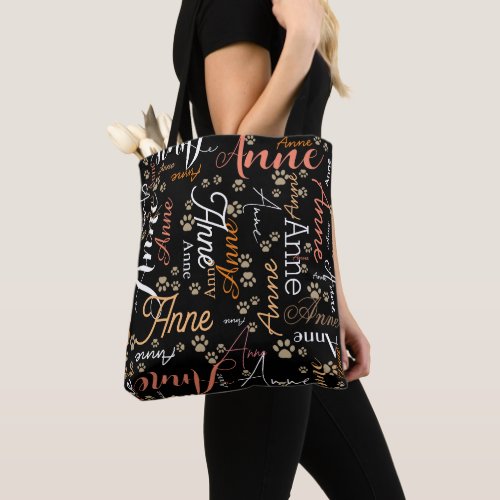 Repeating Color Name and Dog Paw allover black Tote Bag