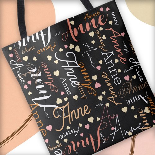 Repeating Color Name and Hearts all over black  Tote Bag