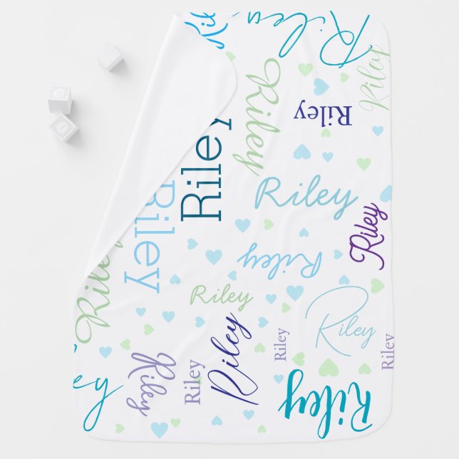 Repeating Custom Bluish Names with Small Hearts  Baby Blanket (In Situ)