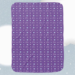 Repeating custom name with aligned hearts purple baby blanket