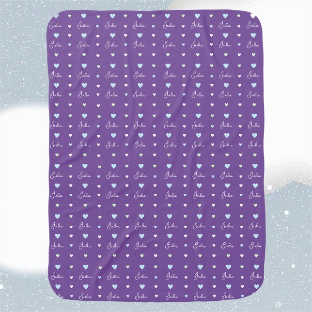 Repeating custom name with aligned hearts purple baby blanket (Creator Uploaded)