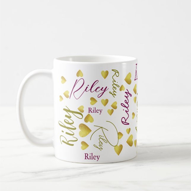 Repeating Custom Name with Gold Hearts  Coffee Mug (Left)