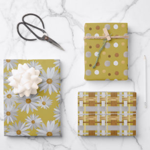 repeating daisy patterned wrapping paper sheets