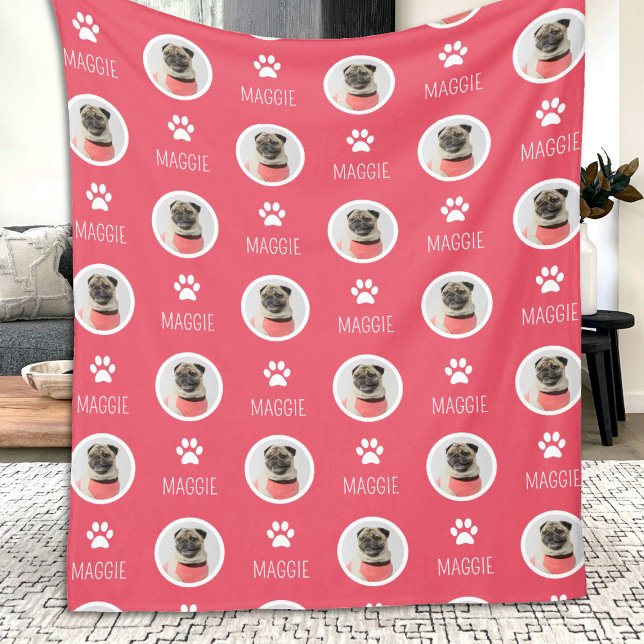 Repeating Dog Cat Pet Name & Photo Pink Fleece Blanket (Creator Uploaded)