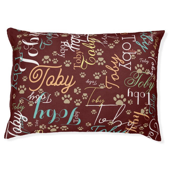 Repeating Dog or Cat Name & Paws Red Pet Bed (Front)