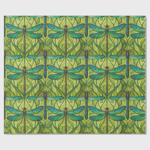 Repeating dragonfly pattern on green wrapping paper