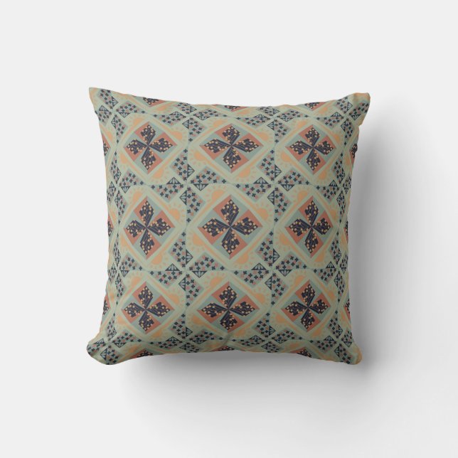 Repeating geometric pattern with blue and peach throw pillow (Front)