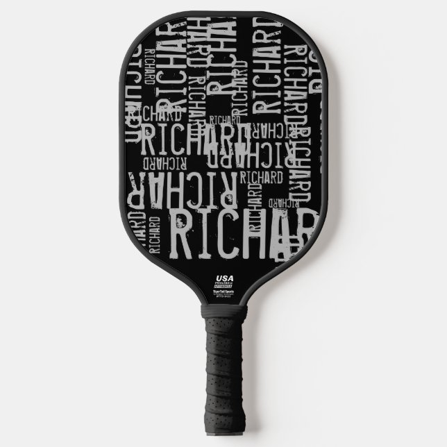 Repeating Gray Names on Black Pickleball Paddle (Front)