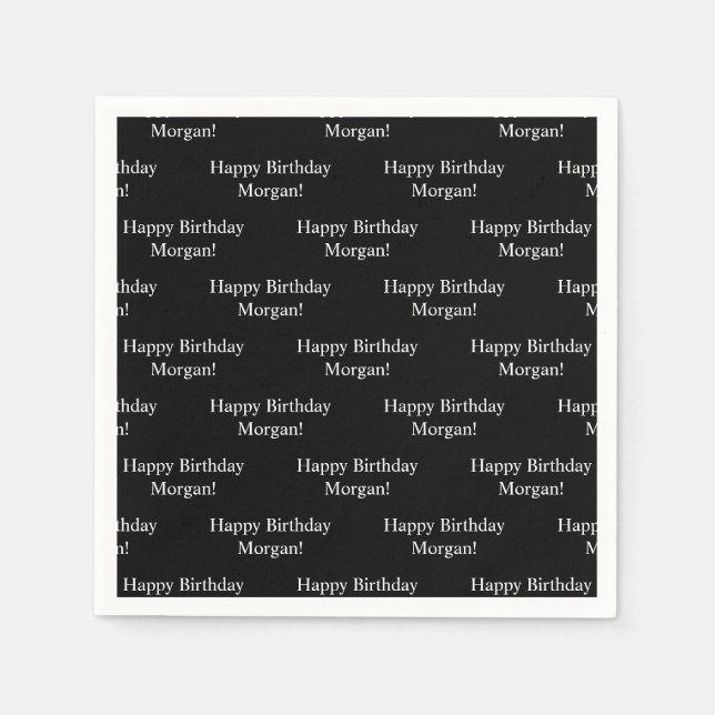 Repeating Happy Birthday & Name | Black & White Napkins (Front)