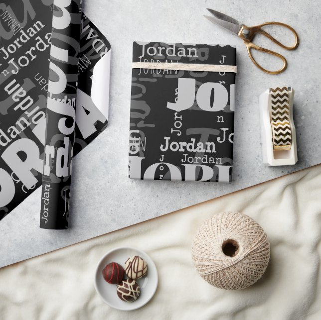 Repeating Name Black Gray Modern Neutrals Fonts Wrapping Paper (Crafts)