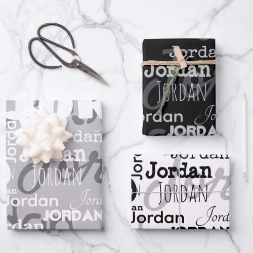 Repeating Name Black Gray White Modern Neutral Wrapping Paper Sheets