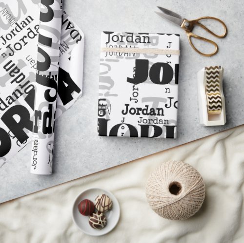 Repeating Name Black Gray White Modern Neutrals Wrapping Paper