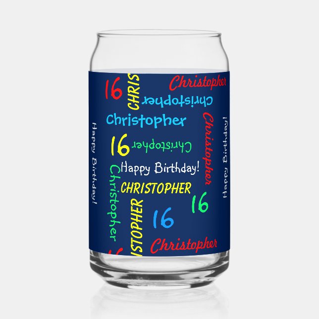 Repeating Name, Blue Any Name Any Birthday Custom Can Glass (Front)