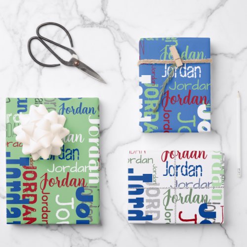 Repeating Name Blue Green Red Christmas Wrapping Paper Sheets