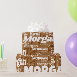 Repeating Name Brown White Neutrals Modern Font Wrapping Paper