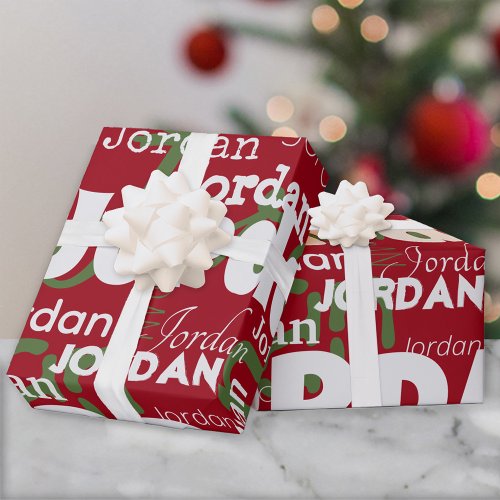 Repeating Name Christmas Red Green Modern Fonts Wrapping Paper