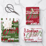 Repeating Name Christmas Red Green White Modern Wrapping Paper Sheets<br><div class="desc">This unique repeating name pattern of Christmas red, green, and white personalized Christmas wrapping paper features their name or family name in a modern repeating word graffiti pattern with different fonts. Your recipient will love to see their own name graffiti on their Christmas gift wrap! Get a set for each...</div>