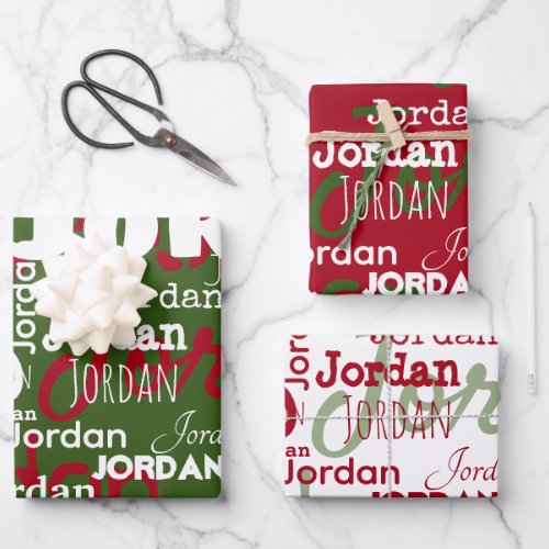 Repeating Name Christmas Red Green White Modern Wrapping Paper Sheets
