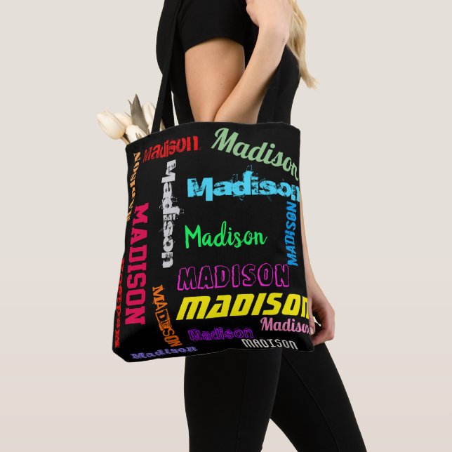 Repeating Name Colorful on Black Canvas Shoulder Tote Bag (Close Up)