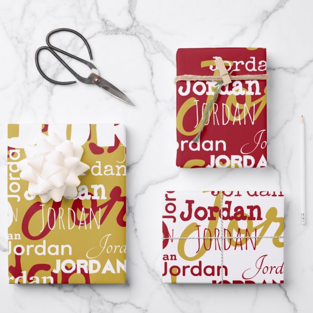 Repeating Name Gold Red White Christmas Wrapping Paper Sheets (Front)