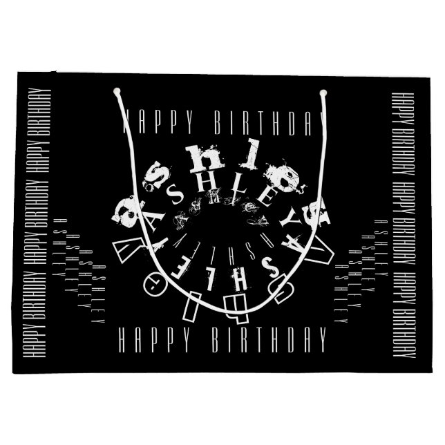 Repeating Name Happy Birthday Black White LGB Large Gift Bag (Back)