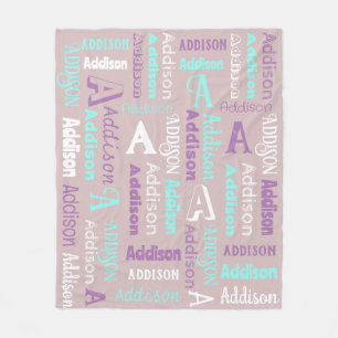 Repeating Name & Initial Grey Teal Purple Fleece Blanket