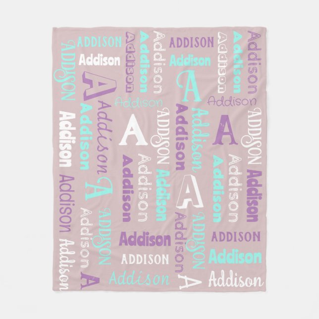 Repeating Name & Initial Grey Teal Purple Fleece Blanket (Front)