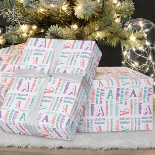 Repeating Name & Initial Pink Purple Teal Gift Wrapping Paper