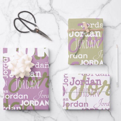 Repeating Name Lilac Sage Green White Modern Wrapping Paper Sheets