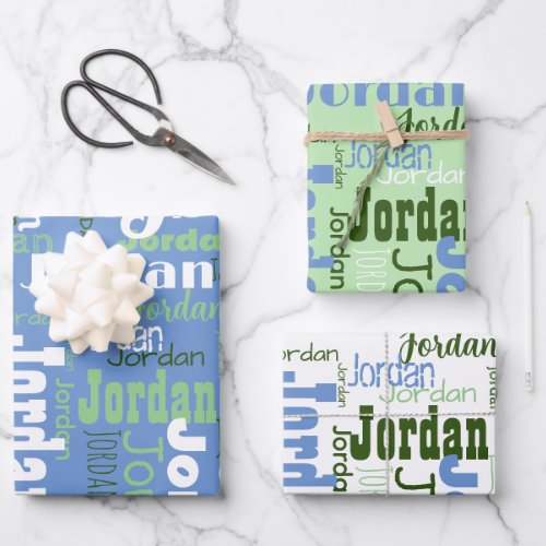 Repeating Name Medium Blue Sage White Wrapping Paper Sheets