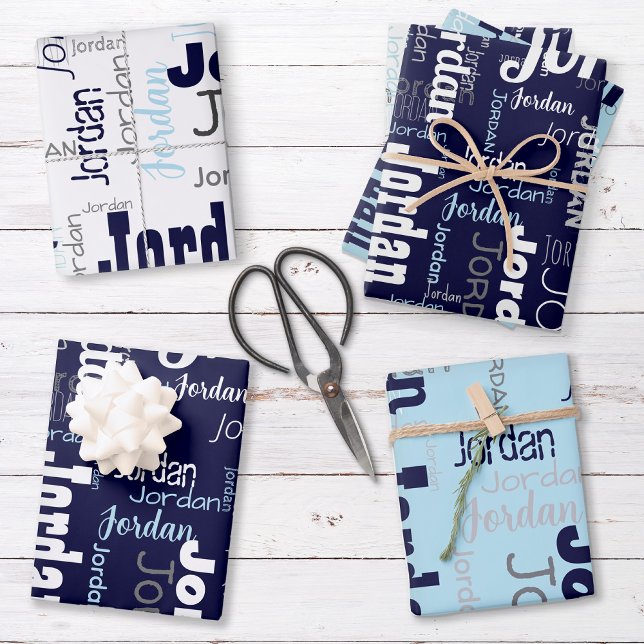 Repeating Name Navy Blue White Gray Wrapping Paper Sheets (Set includes three sheets - one of each color.)