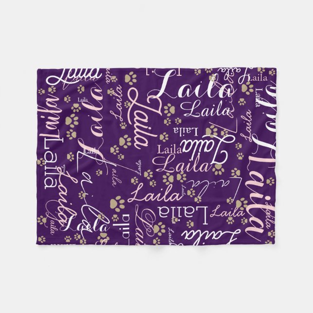 Repeating Name of Dog all over purple Fleece Blanket (Front (Horizontal))