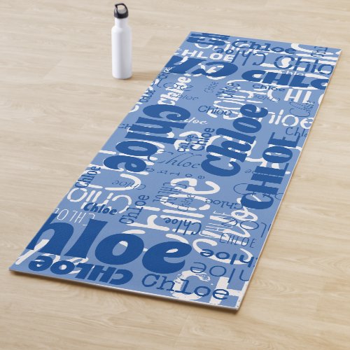 Repeating Name Pattern Blue and White Modern Fonts Yoga Mat