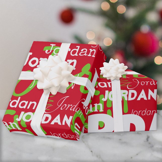Repeating Name Pattern Green White Red Christmas Wrapping Paper (Creator Uploaded)