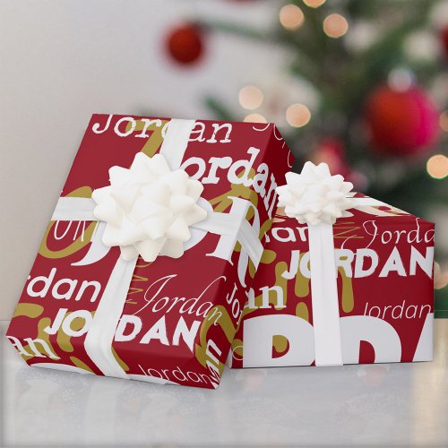 Repeating Name Pattern Red Gold White Christmas Wrapping Paper