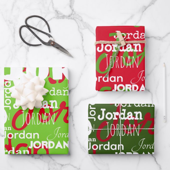 Repeating Name Pattern Red Green White Christmas Wrapping Paper Sheets (Front)